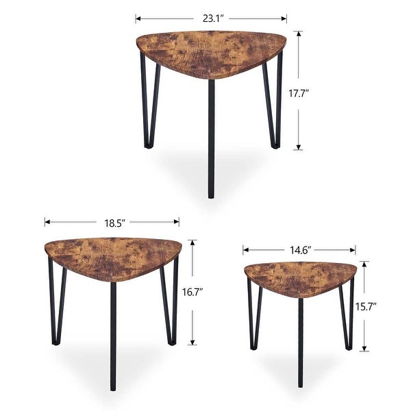 Stacking Side Table Set of 3, Nesting Triangle End Coffee Tables, Vintage Brown