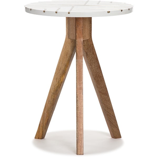 Adore Decor Amari Round Side Table, Brass Inlay Top with Solid Wood Legs, Living Room Accent Furniture, Fully Assembled, White