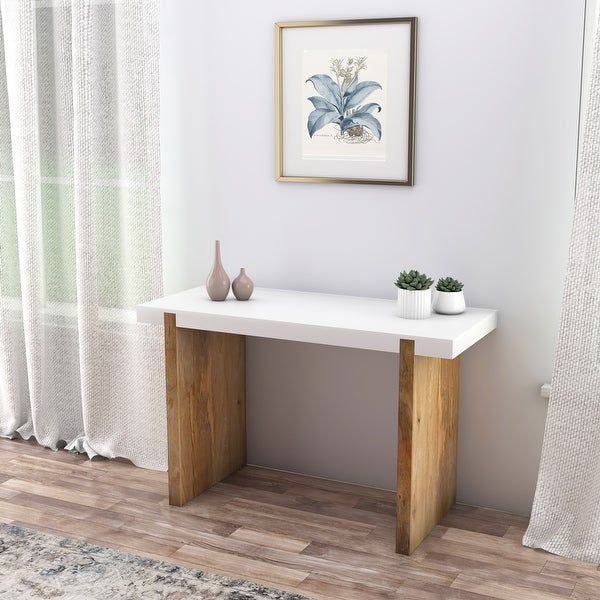 Kerry 48 Inch Rectangular Mango Wood Console Table, Sled Base, Glossy White, Natural Brown