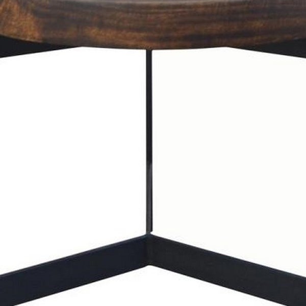 24 Inch Round Side Table, Dark Brown Mango Wood Tray Top, Black Iron Legs