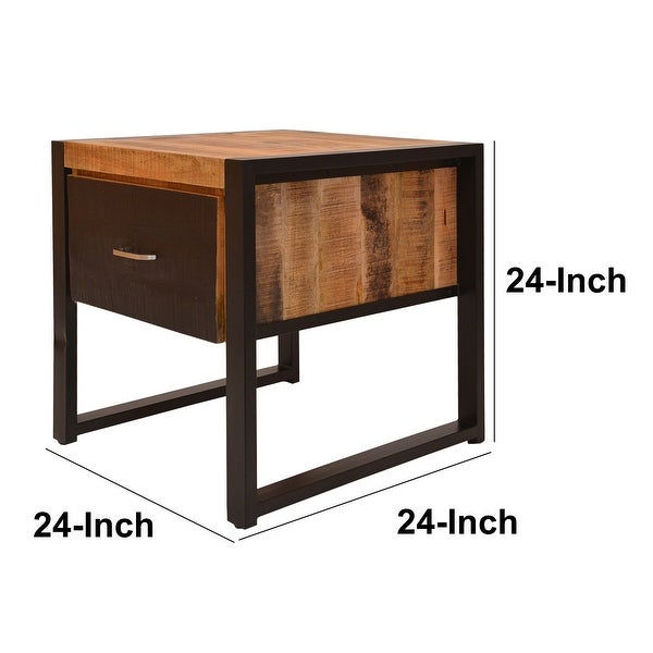24 Inch Single Drawer Wooden Side Table with Metal Frame, Brown and Black