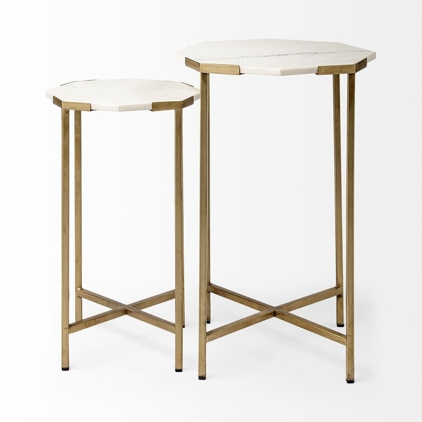 Vincent II 15.5 x 24.5 Set of Two White Marble and Iron Octagon End/Side Tables