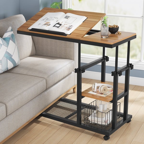 Height Adjustable C Table, Sofa Side Tables, Mobile End Table with Storage Shelves