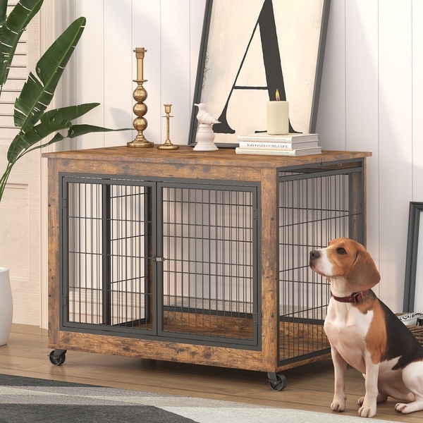Industrial Wooden Iron Dog Crate, Dog Kennels with 3 Doors and Wheels, Pet Crate Side End Table for Medium and Small Dog