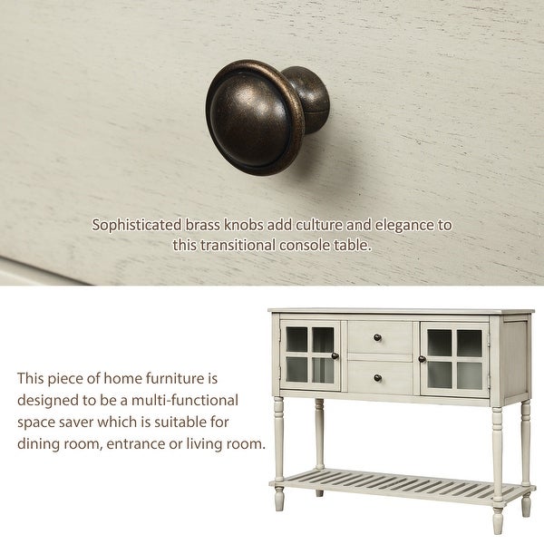 Farmhouse Distressed Sideboard Buffet Console Table with 2 Glass Front Cabinets, 2 Drawers and Slatted Bottom Shelf