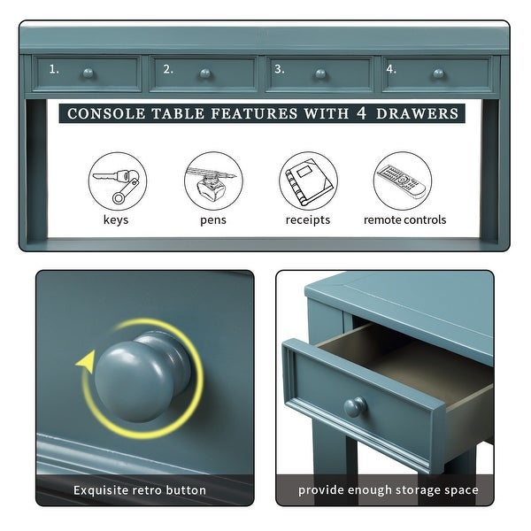 Rustic Console Table with 2 Storage Drawers and Exquisite Retro Knob, Sofa Table with Bottom Storage Shelf, Retro Blue