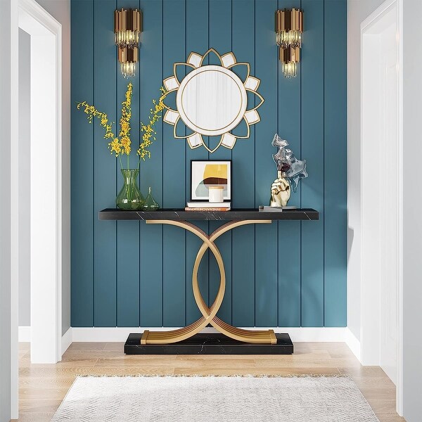 Console Table, Faux Marble Hallway Table with Geometric Metal Legs - 11.81