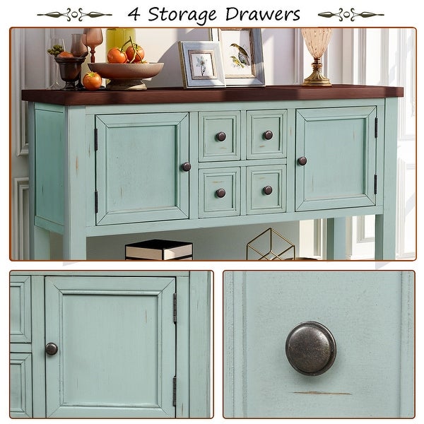 Wooden Console Table with 4 Storage Drawers and 2 Cabinets, Sofa Table with Bottom Shelf and Solid Wood Legs, Retro Blue