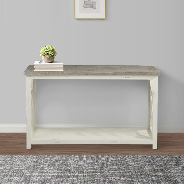 Solid Wood Sofa Console Table with X Shape Side Panels, White and Brown