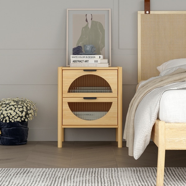 2 Drawer End Table,Bamboo Mid Century Modern Nightstand,Bedside Table Accent End Table Side Table for Living Room