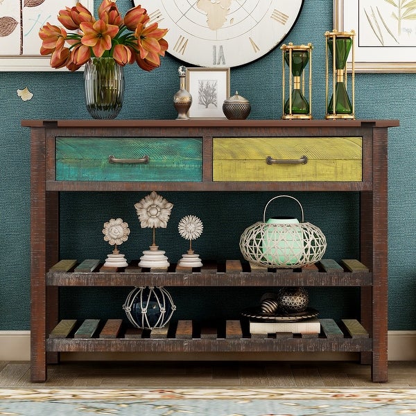 Retro Simplicity Console Table with 2 Drawers and 2 Open Shelfs, Entryway Table with Distressed Finish for Entryway Living Room