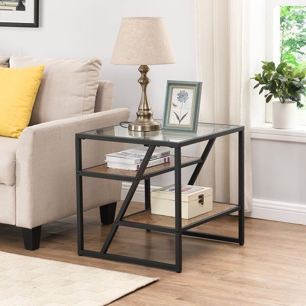 Side Table, End Table with Storage Shelf, Tempered Glass Coffee Table with Metal Frame