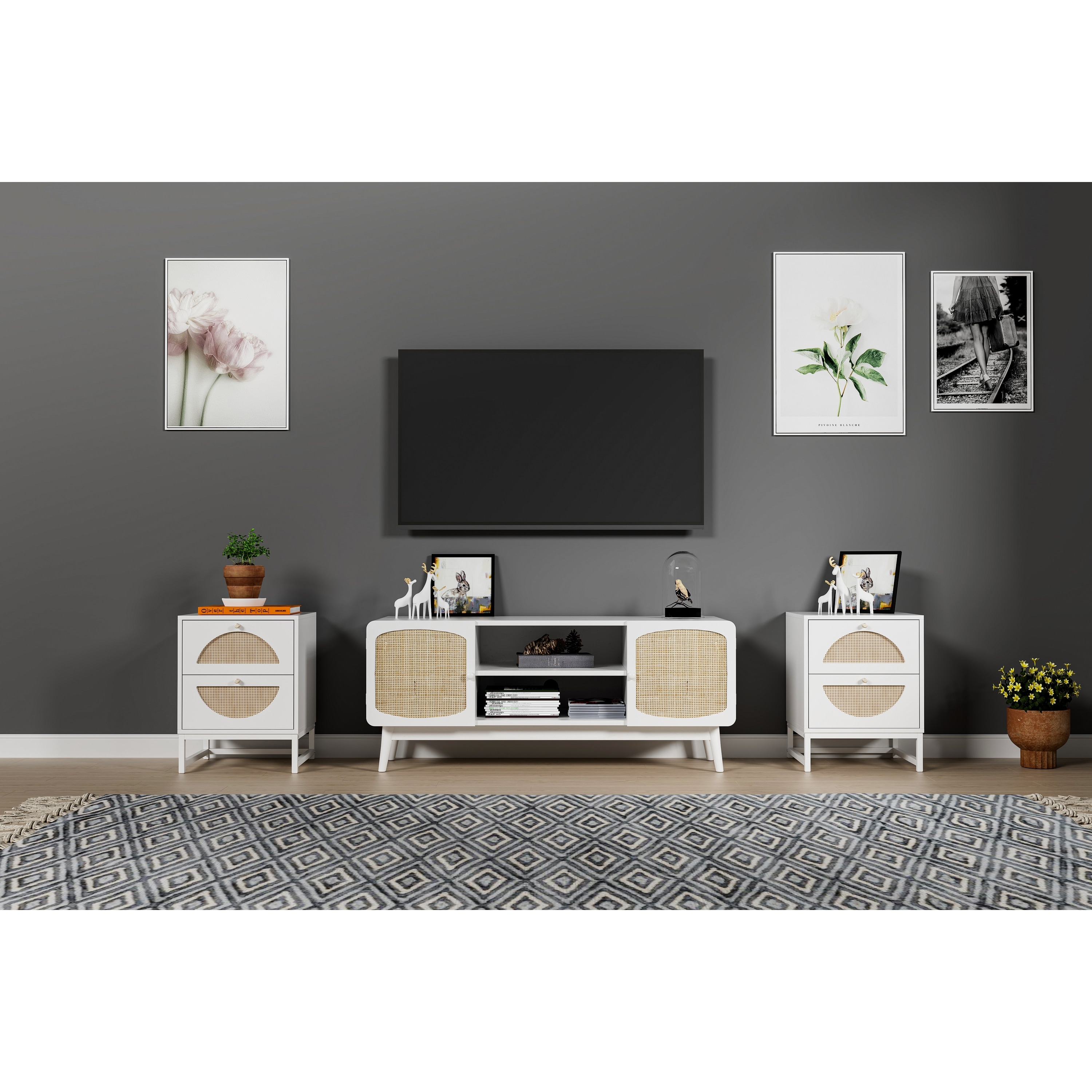 Allen 2 Drawer Nightstand Set of 2,White,Natural Rattan,Display Rack for Bedroom and Living Room