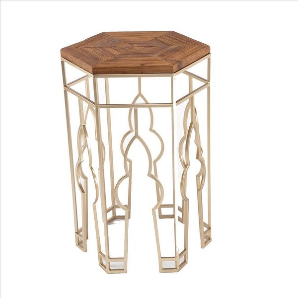 Nesting Side Table with Hexagonal Top, Set of 2, Brown and Gold - 26 H x 17 W x 15 L Inches