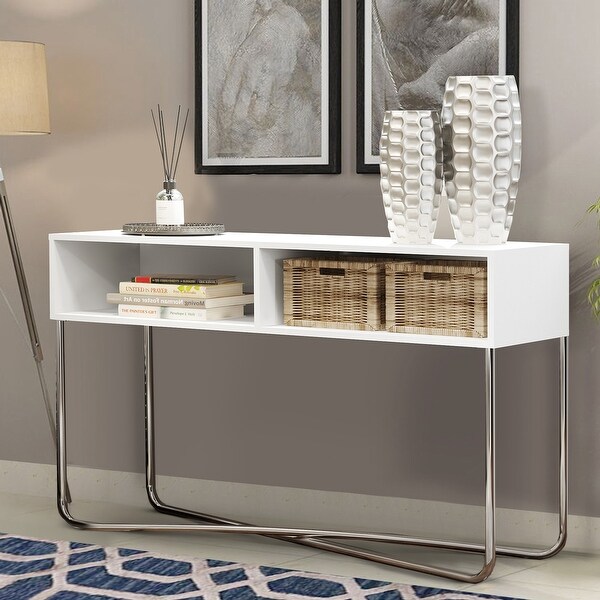 Wooden Console Table with 2 Open Compartments and Metal Frame, White and Chrome