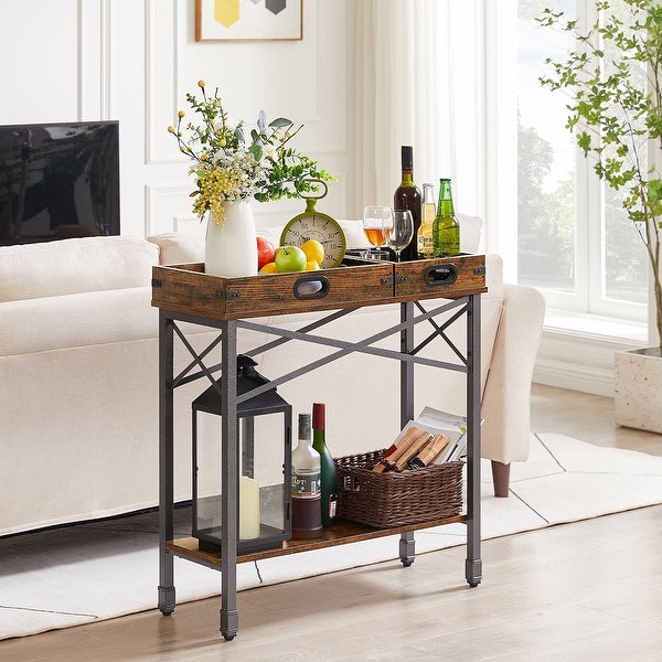 VECELO, (Set of 2) Industrial Console Table with 2 Storage Trays