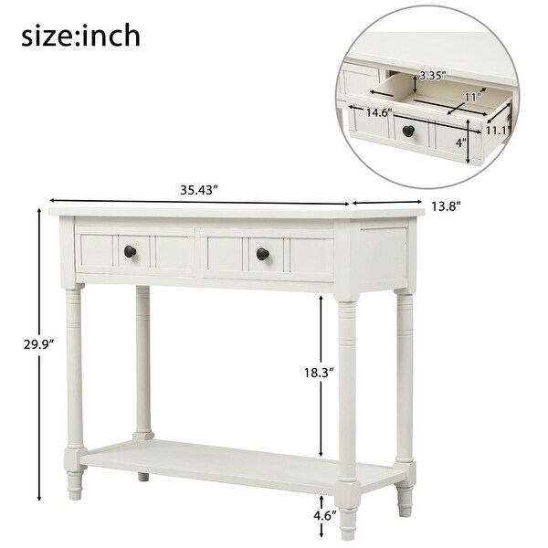 Vintage Console Table w/2 Drawers and Shelf,Pine Wood Frame(Ivory White)