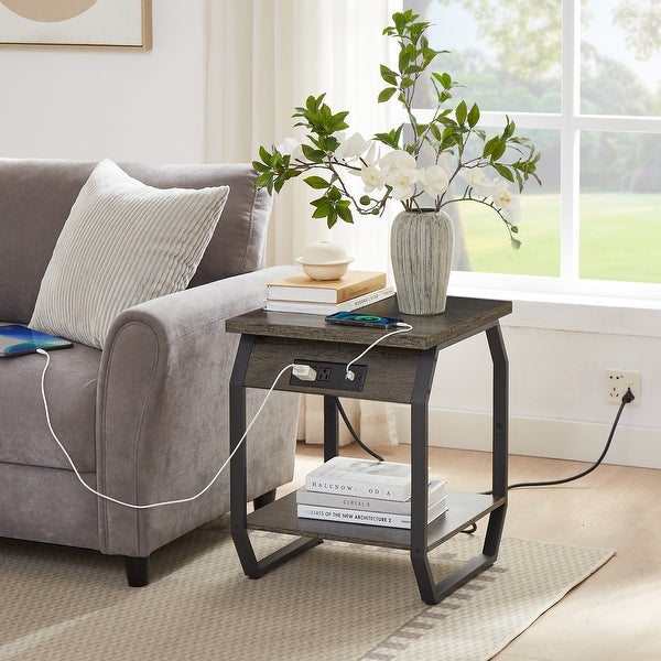 Set of 2 Side Tables with Charging Station, End Tables with USB Ports and Sockets, Bedside Tables for Living Room, Bedroom
