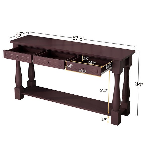 Sofa Table with Storage Drawers and Bottom Shelf, Wood Console Table