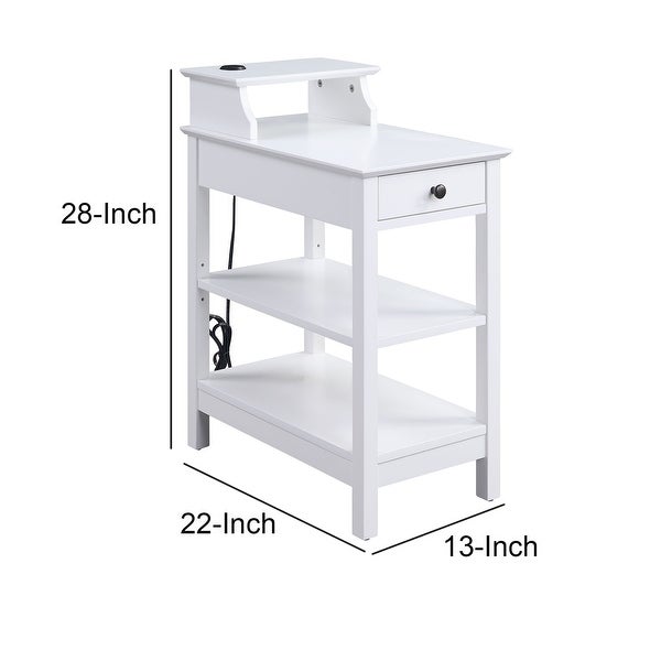 Wooden Frame Side Table with 3 Open Compartments and 1 Drawer, White