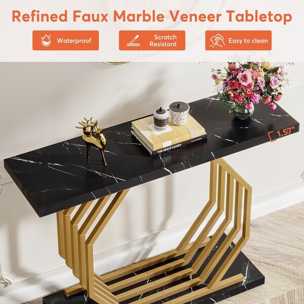 40 Inch Modern Gold Console Table, Faux Marble Entryway Table for Living Room