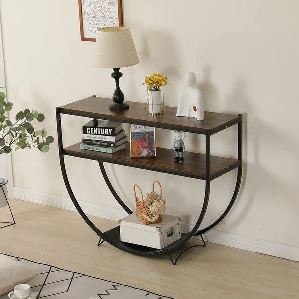 Industrial Sofa Console Table, Metal Demilune Shape Sofa Display Table with Three Shelves, Foyer Table for Hallway, Corridor