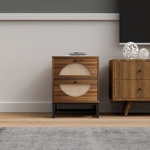Rattan Nightstand Set of 2, Walnut End Table with 2 Natural Rattan Drawer and Metal Legs