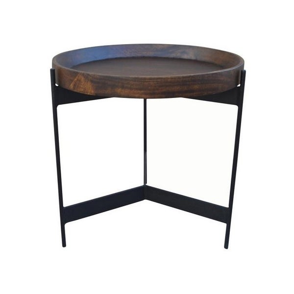24 Inch Round Side Table, Dark Brown Mango Wood Tray Top, Black Iron Legs