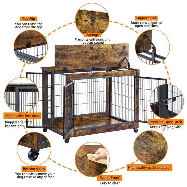 Industrial Wooden Iron Dog Crate, Dog Kennels with 3 Doors and Wheels, Pet Crate Side End Table for Medium and Small Dog