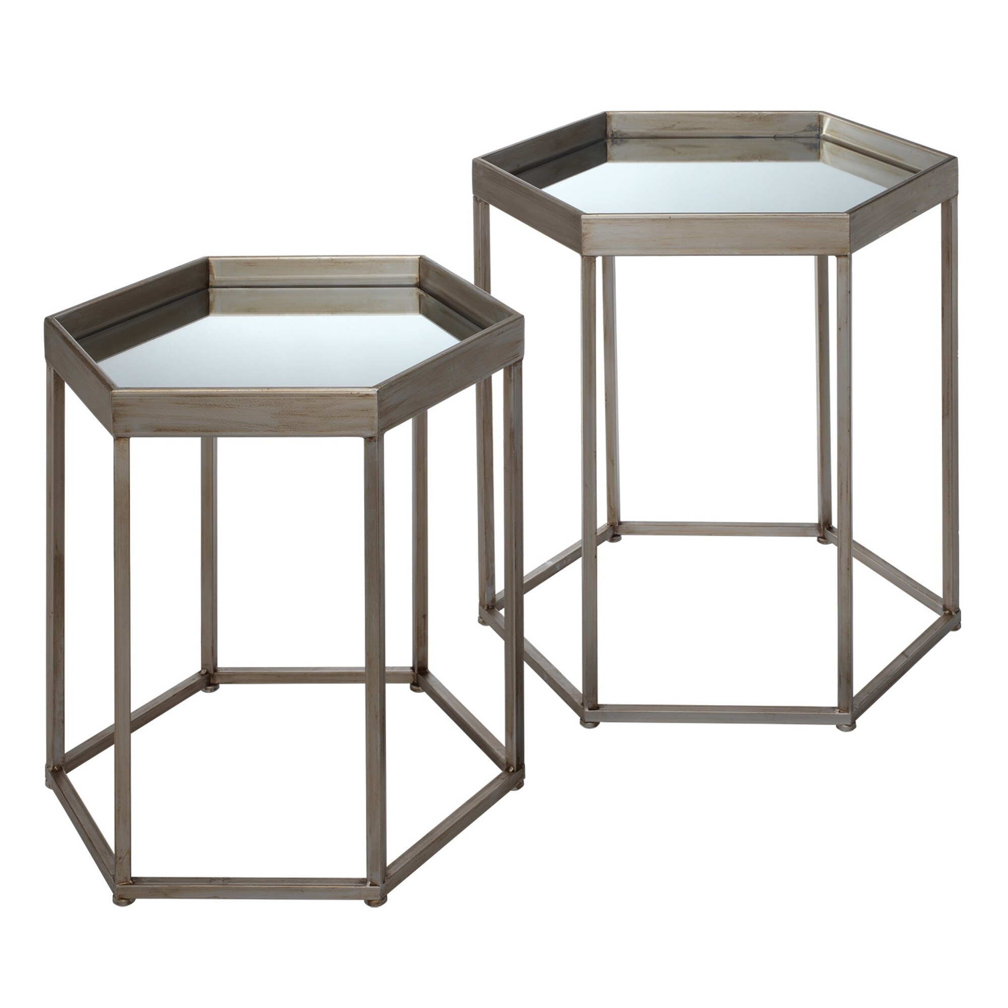 Side Table with Mirror Top and Metal Frame, Set of 2, Gray