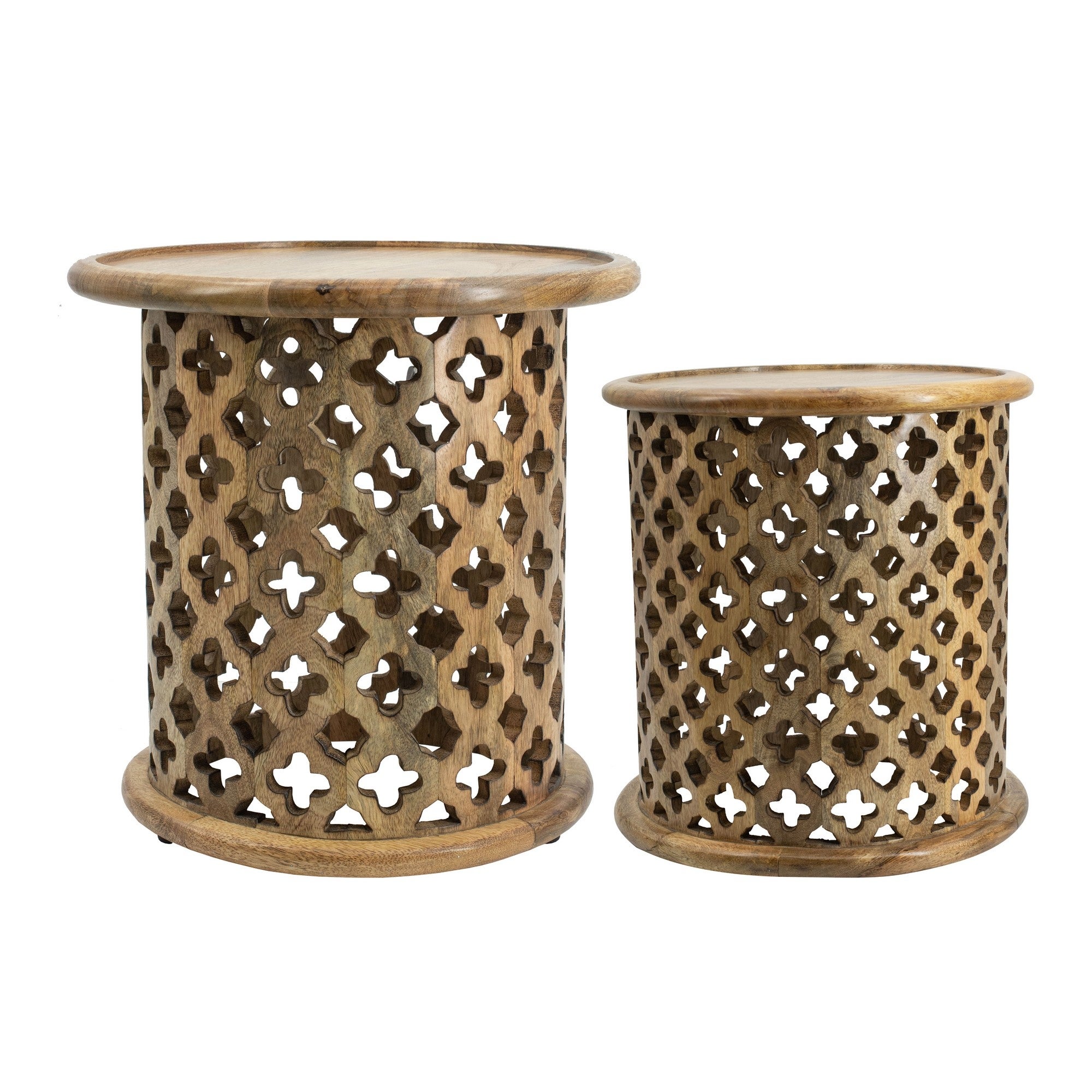 18, 16 Inch Side Tables, Mango Wood, Quatrefoil Design, Set of 2, Brown