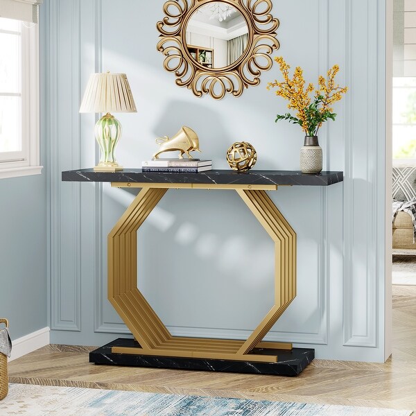 40 Inch Modern Gold Console Table, Faux Marble Entryway Table for Living Room