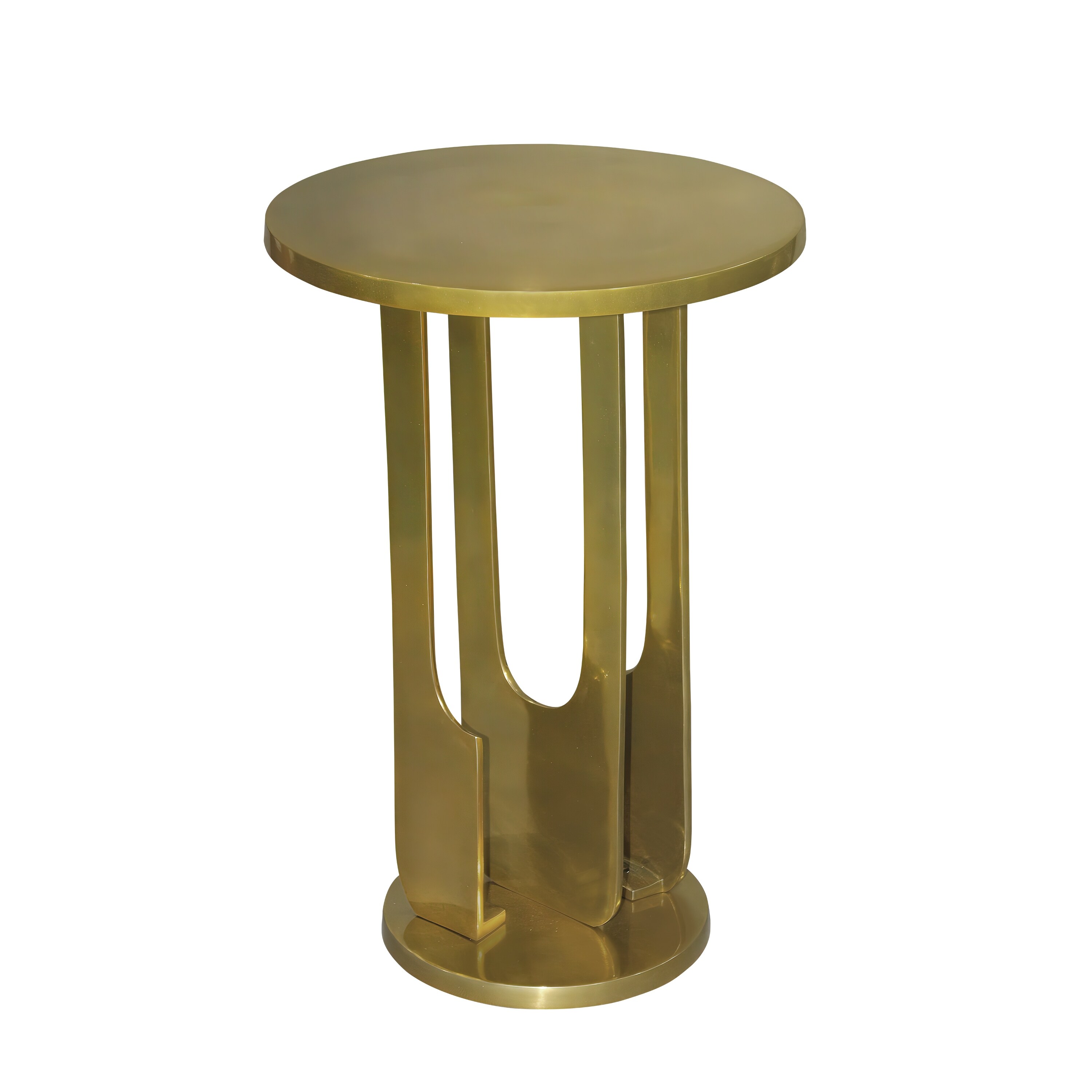 Cyrus 18 Inch Round Accent Side Table, Cast Aluminum, Arched Cut Out Frame, Brass