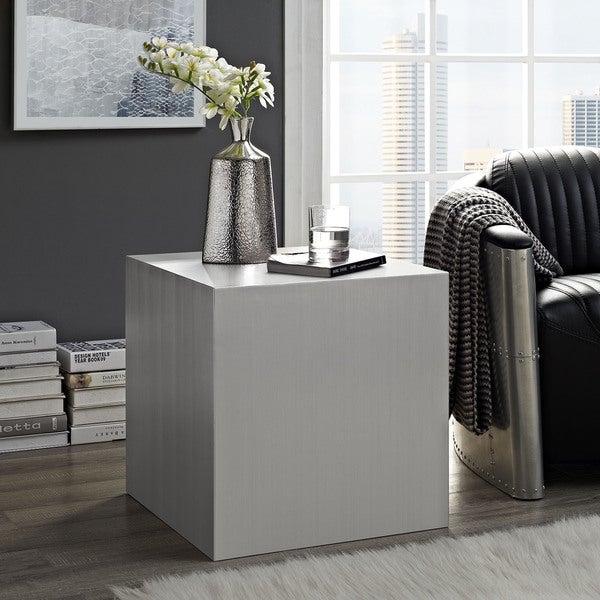 Modern Cube Stainless Steel Side Table, Silver