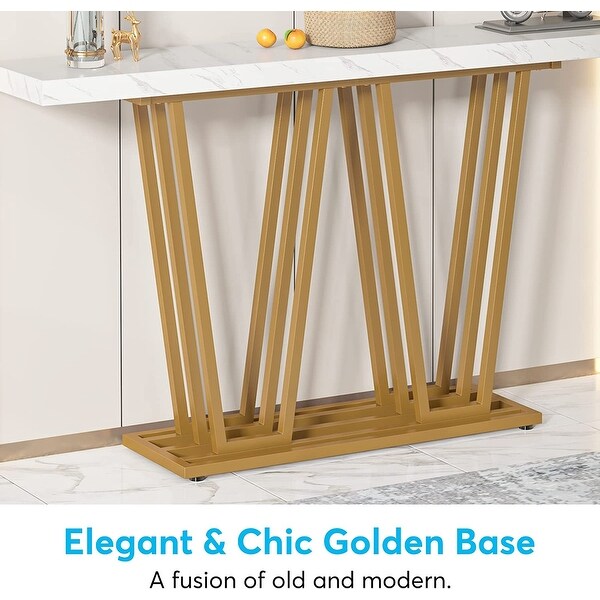 Faux Marble Wooden Console Table for Hallway, Entrance, White and Gold