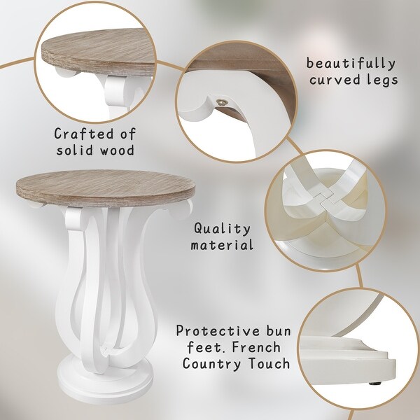 Farmhouse Round End Table, Rustic Wood Side Table for Living Room/Bedroom, White/Natural