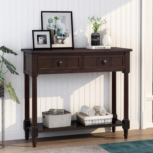 Daisy Series Traditional Design Console Table with 2 Drawers and Open Style Bottom Shelf, Wood Entryway Table for Living Room
