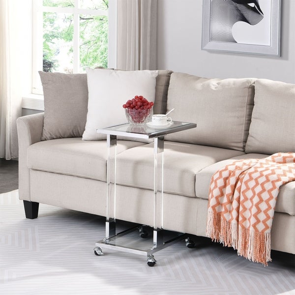 Glass Top C Shape Side Table with Wheels Acrylic Plant End Table for Living Room,Bedroom,Small Spaces