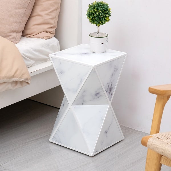 White Geometry End Table, Glass Nightstand, Marble Table