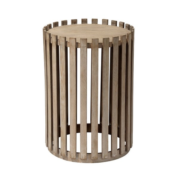 Side Table with Slatted Design Drum Silhouette, Washed brown