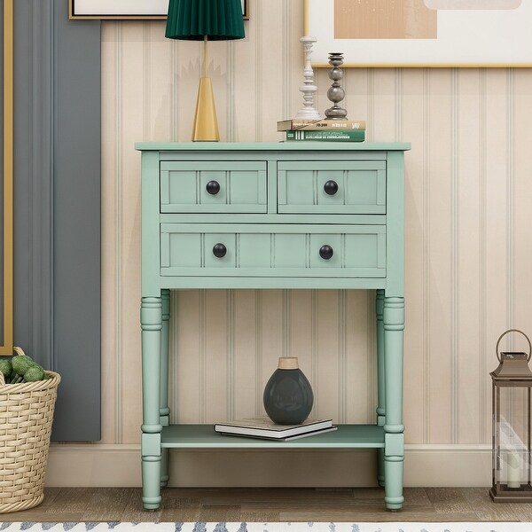 Narrow Console Table with 3 Storage Drawers and Black Round Deco Knobs, Slim Sofa Table with Bottom Shelf, Antique Blue