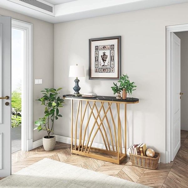 Luxurious Gold Console Table, Faux White Marble and Metal