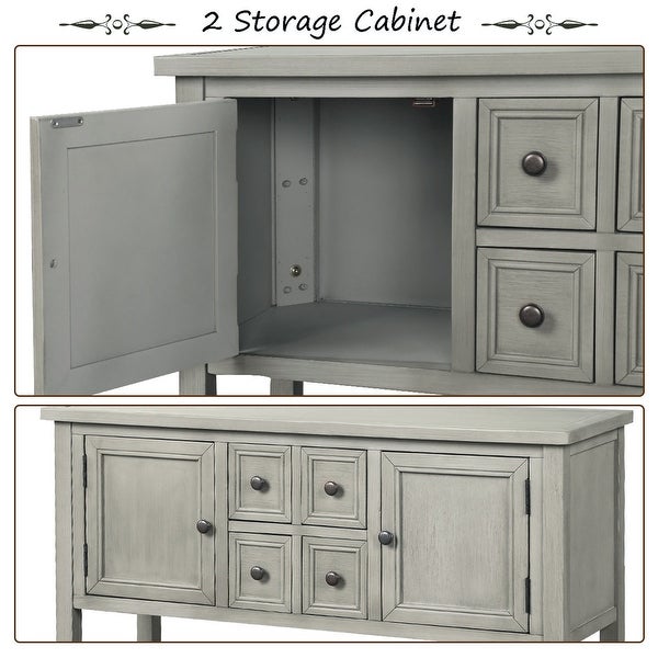Wooden Console Table with 4 Storage Drawers and 2 Cabinets, Sofa Table with Bottom Shelf and Solid Wood Legs, Antique Gray