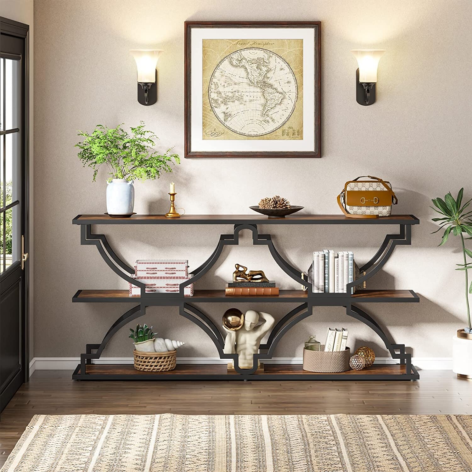 Industrial 70.9 Inch Long Console Sofa Table with 3 Tire Storage Shelf, TV Stand
