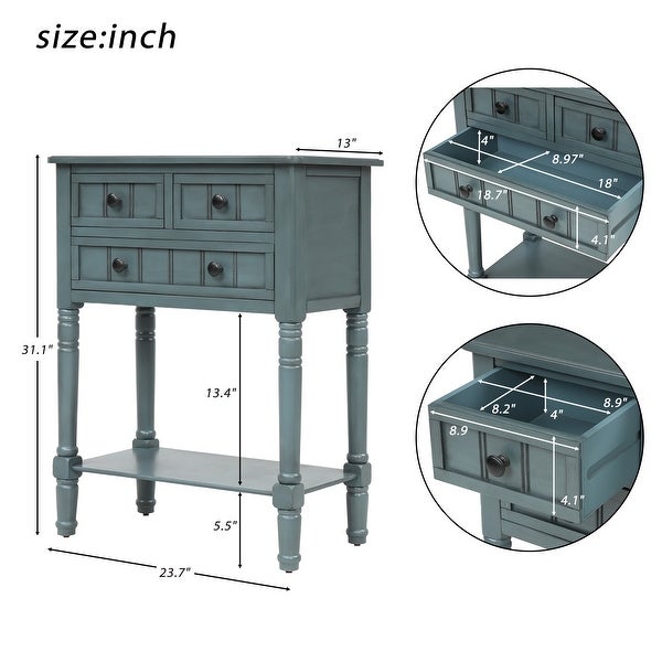 Narrow Console Table with 3 Storage Drawers and Black Round Deco Knobs, Slim Sofa Table with Bottom Shelf, Navy