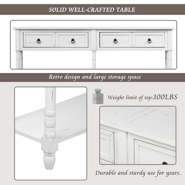 Rectangular Console Table Sofa Table with Drawers and Long Shelf, Walnut