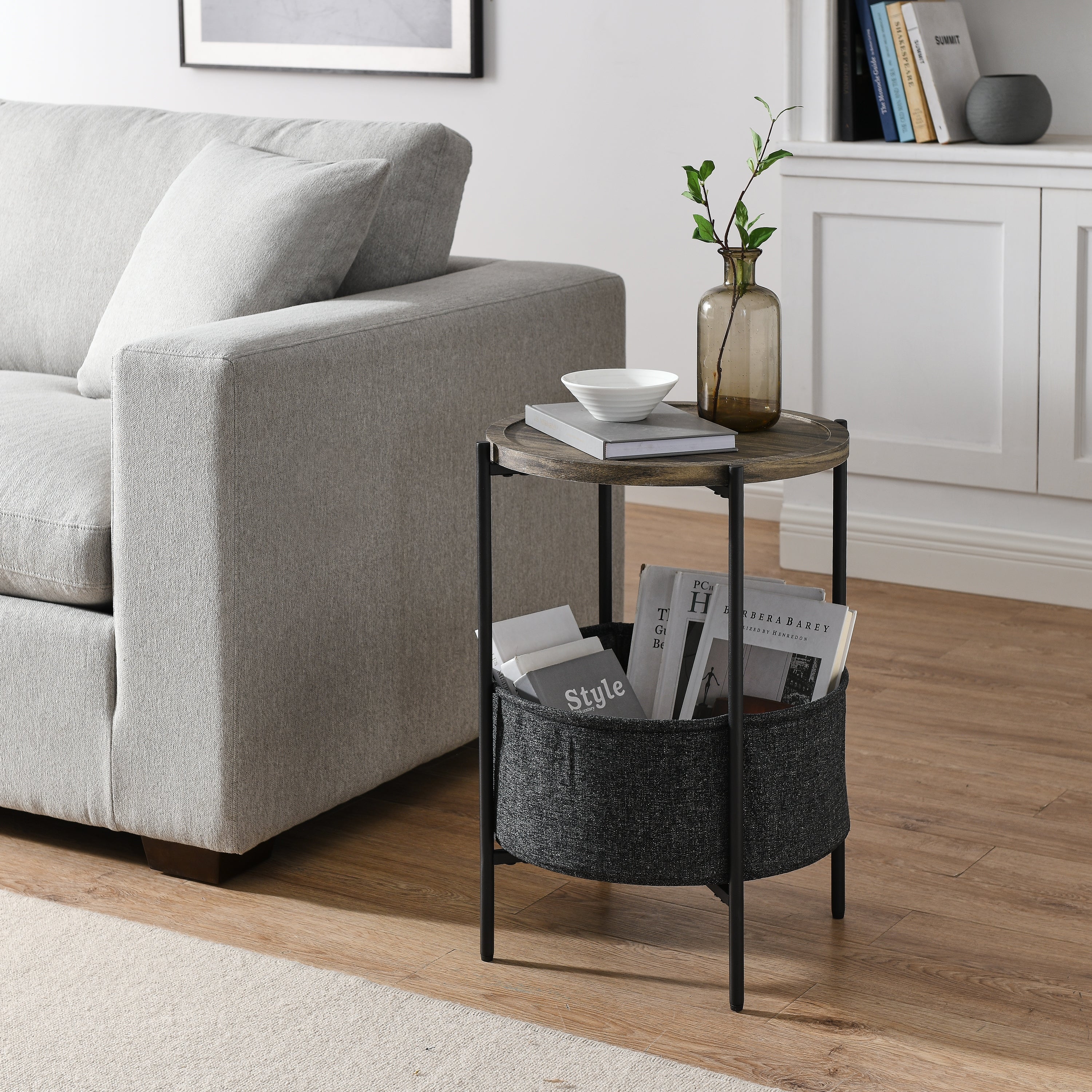 Modern Accent End Table/Side/Leisure Table Tables with Storage Basket, Grey Cloth Bag, for Living Room/Bedroom Furniture