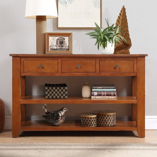 48'' Solid Pine Wood Top Console Table, Modern Entryway Sofa Side Table with 3 Storage Drawers and 2 Shelves. Easy to Assemble