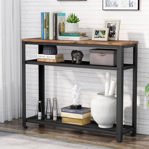 Console Table, Entryway Hallway Table with 2 Mesh Storage Shelves,Sofa Table Behind Couch
