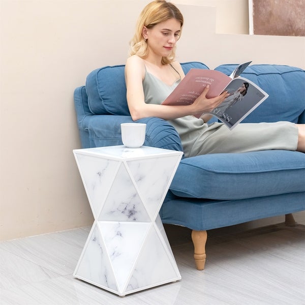 White Geometry End Table, Glass Nightstand, Marble Table